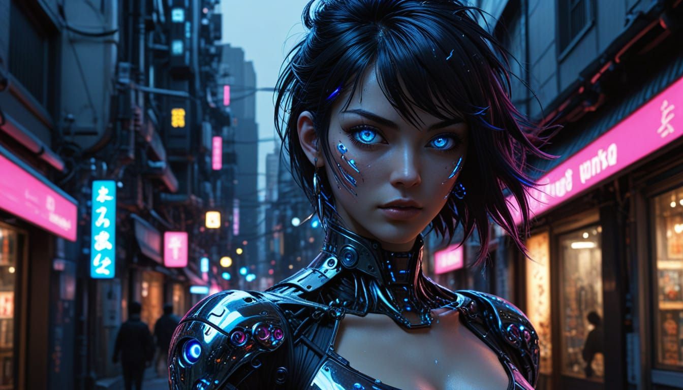 Glowing Blue Eyes Cyberpunk Woman in Chiaroscuro Style
