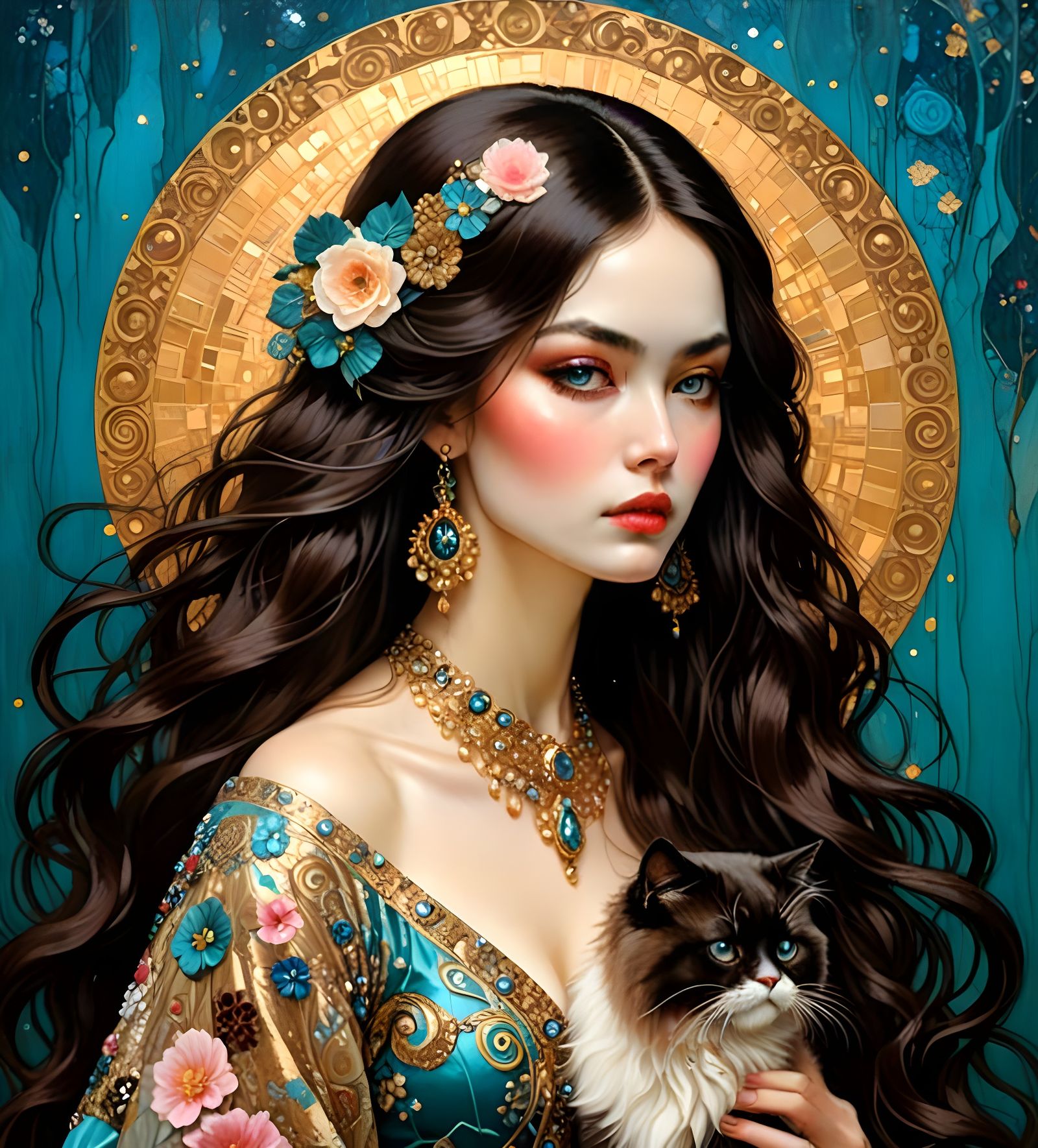 Luxurious Art Nouveau Goddess with Feline Companion