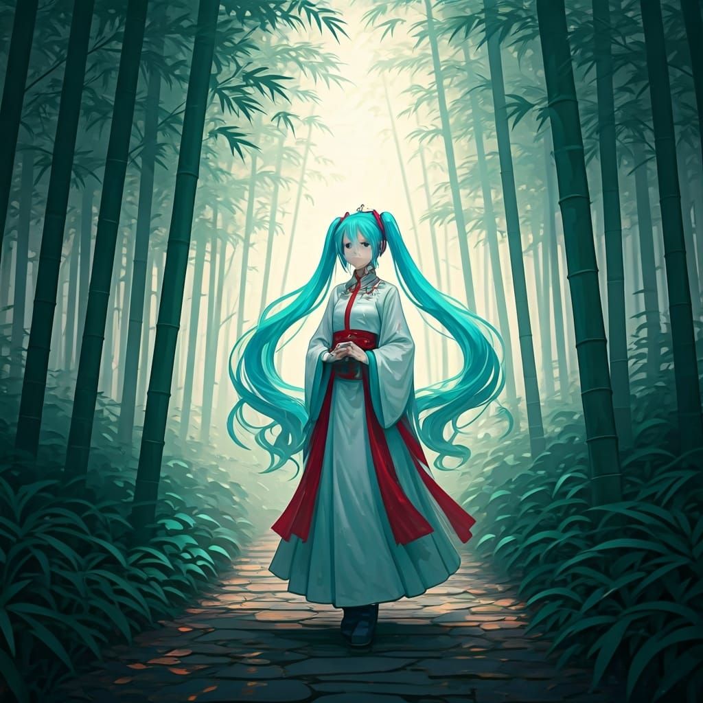 Hatsune Miku in Misty Bamboo Forest, Xianxia Fantasy