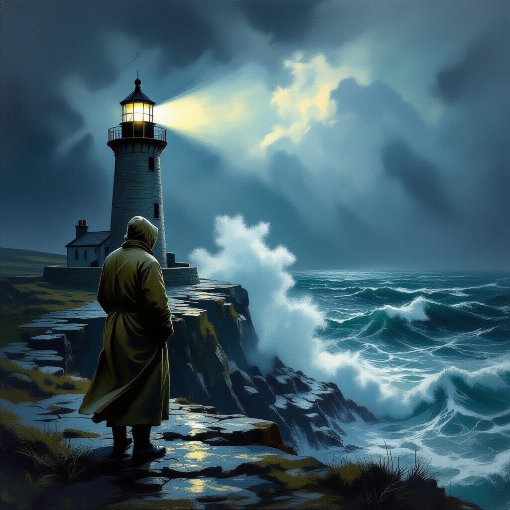 Stormy Lighthouse Keeper Gazes at Turbulent Sea