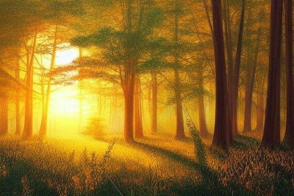 Sunrise Bathed Forest, Digital Art