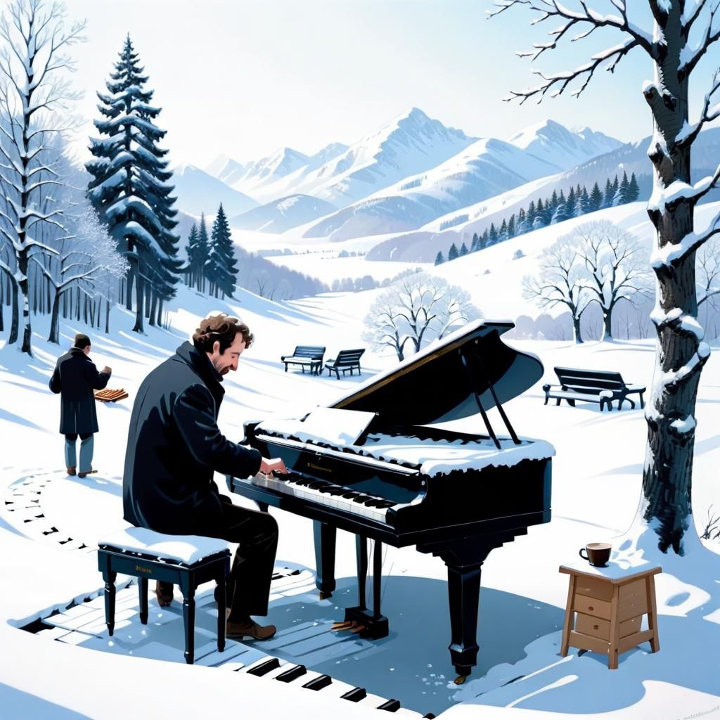 Man Plays Piano in Snowy Landscape in Silkscreen Style