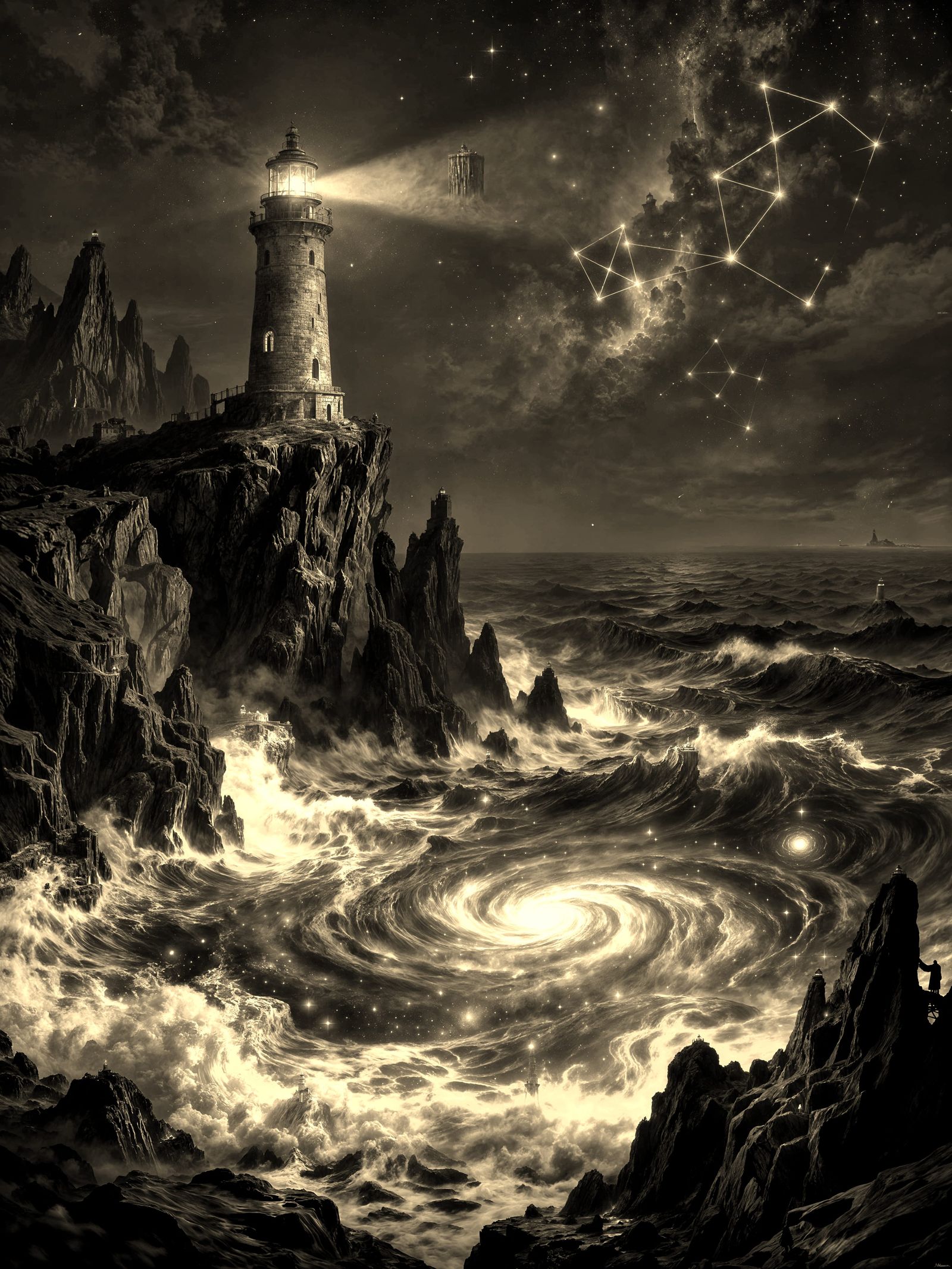 Cosmic Lighthouse on Jagged Cliff Overlooking Starry Ocean