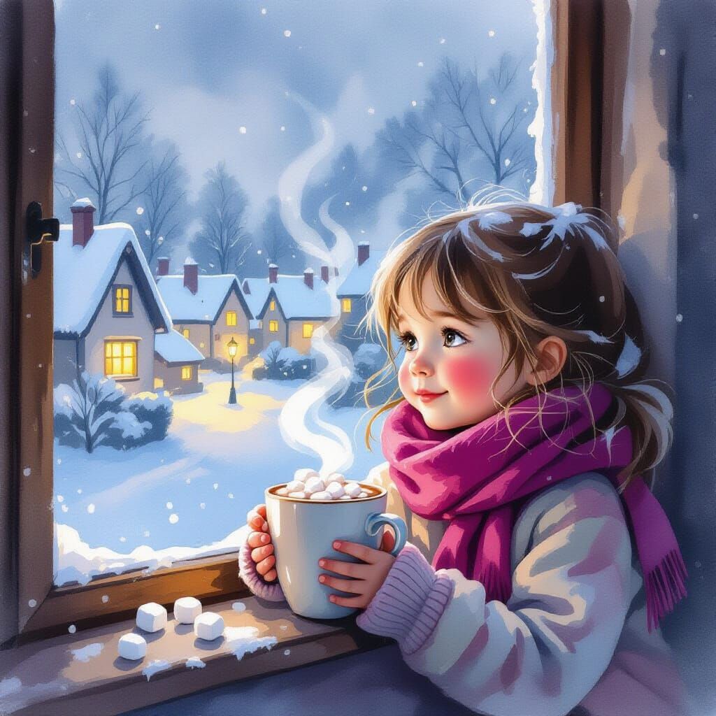 Cozy Girl With Hot Chocolate Overlooking Snowy Village