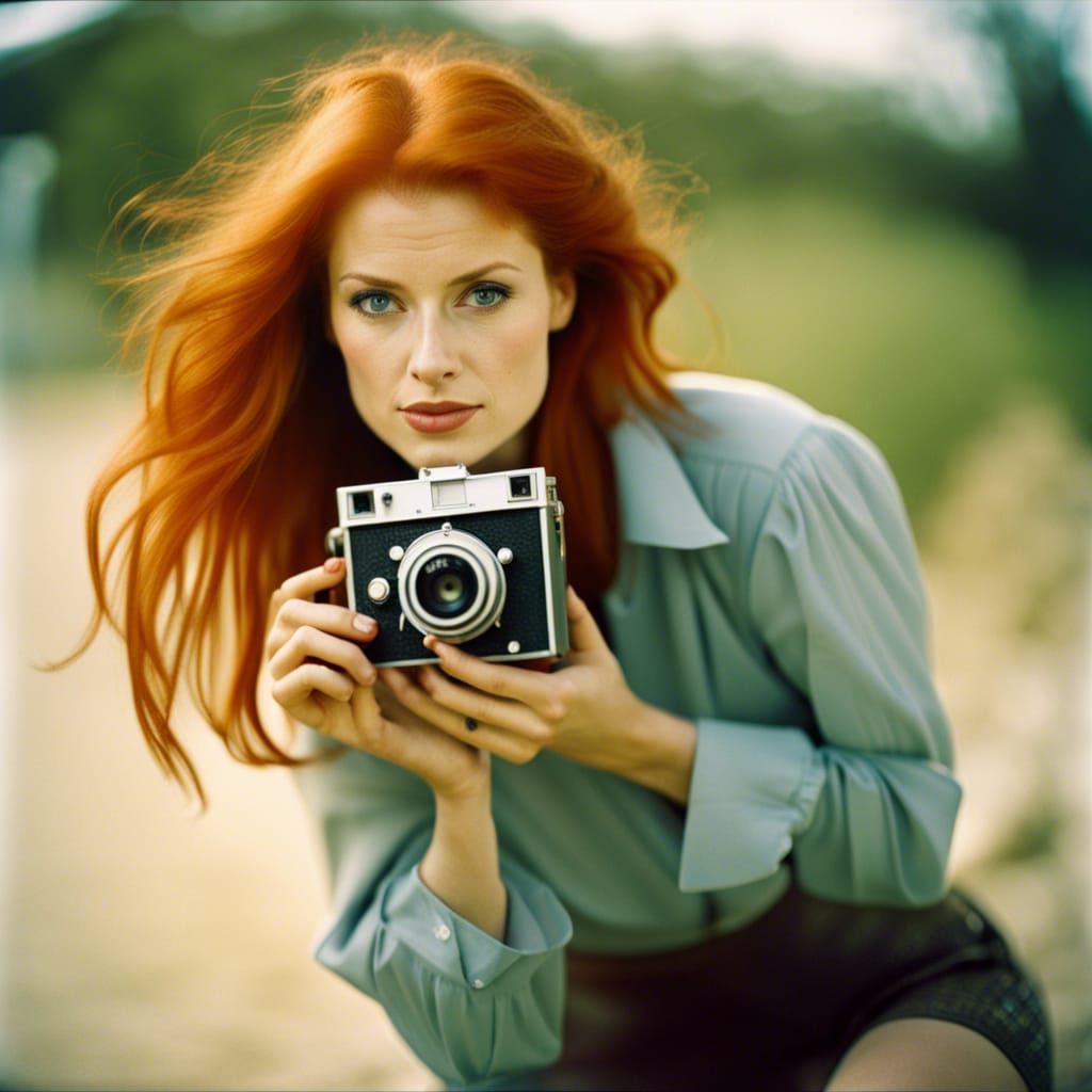 Attractive Redhead Woman with Film Camera Portrait