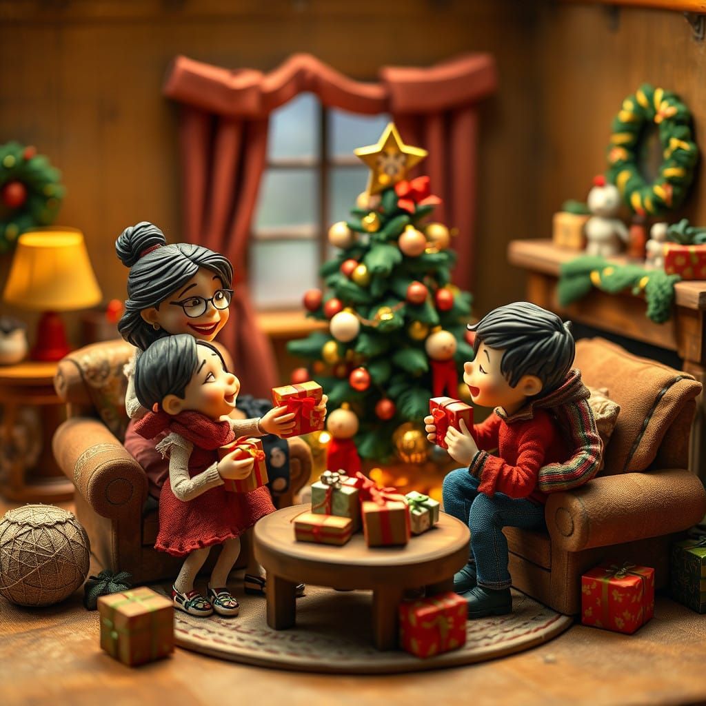 Claymation character of family and kids celebrating Christma...