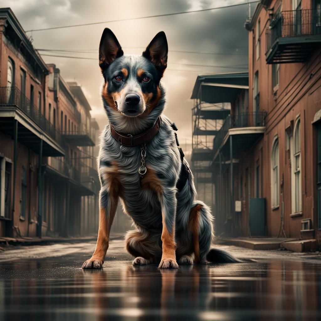 Australian Cattle Dog in Cyberpunk New Orleans