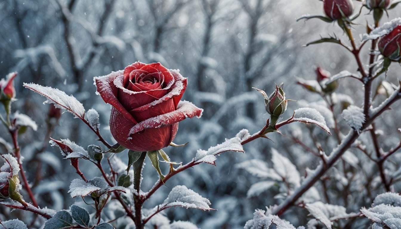 Vibrant, Hyper-Realistic Red Rose in Snowy Winter Wonderland