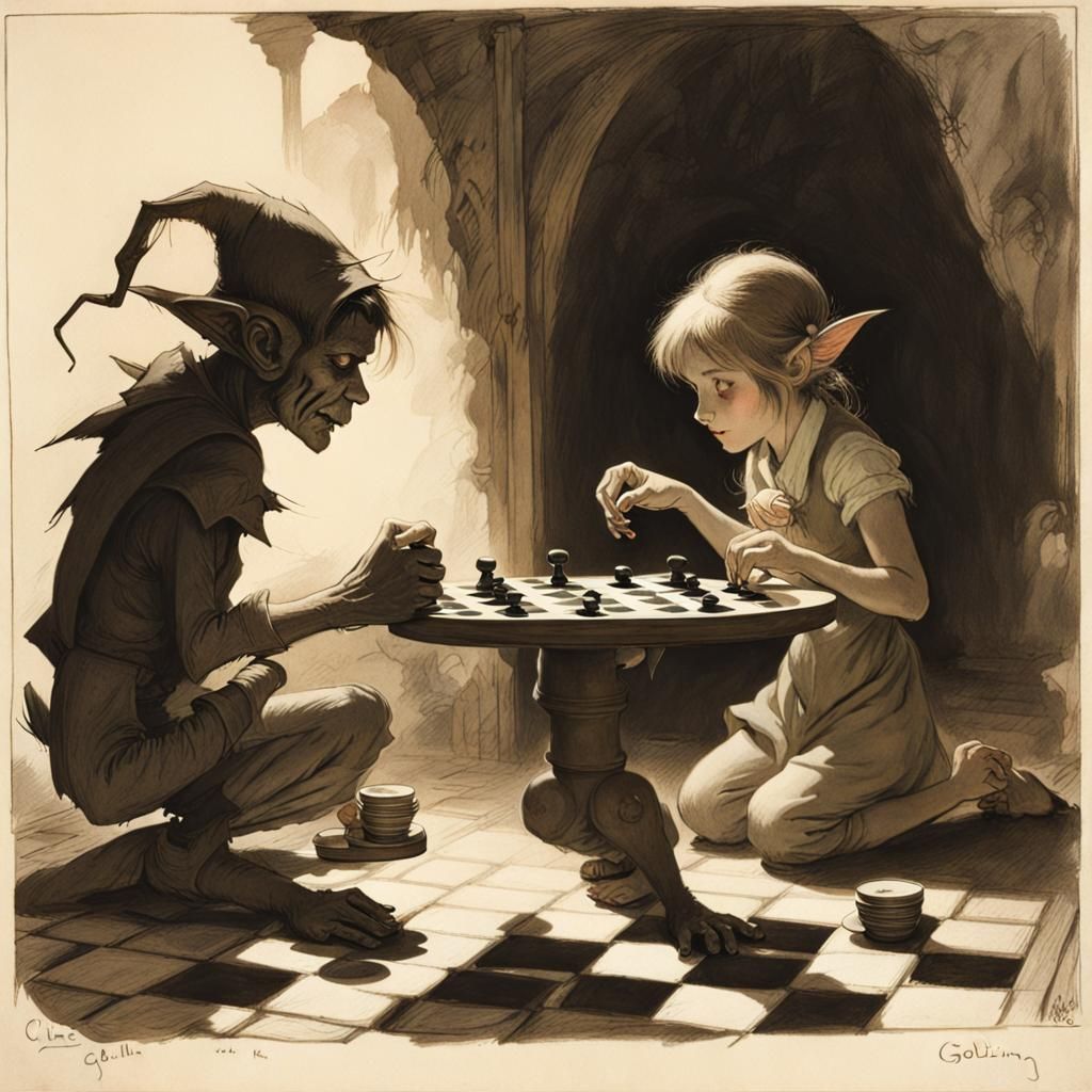 Goblin and Girl Play Checkers in Shadows