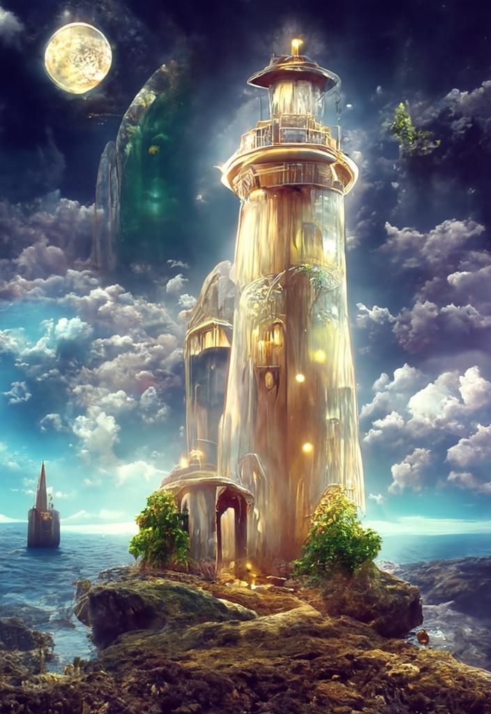 Golden Solarpunk Lighthouse Fantasy Artwork