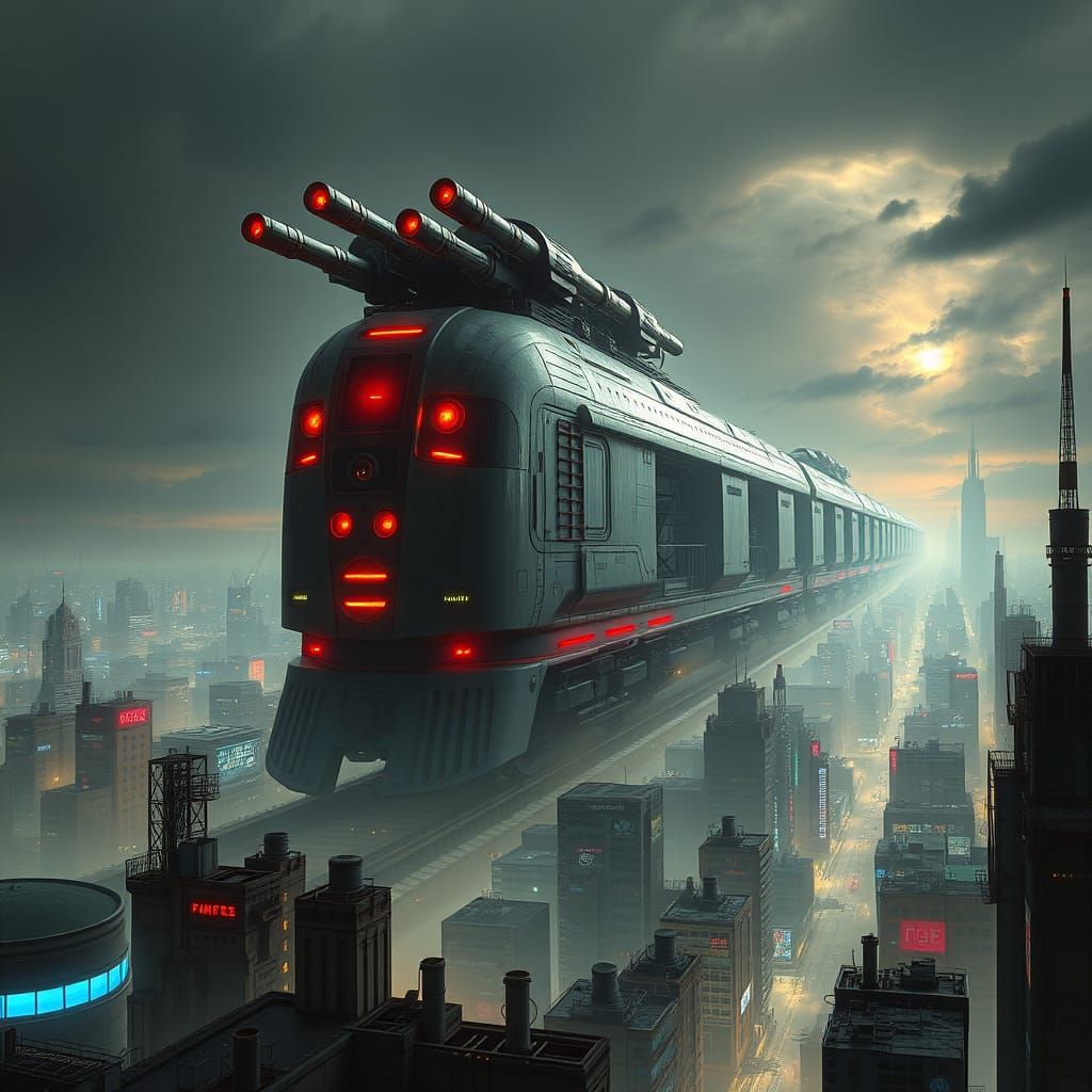 Cyberpunk Train Cityscape Inspired by Syd Mead