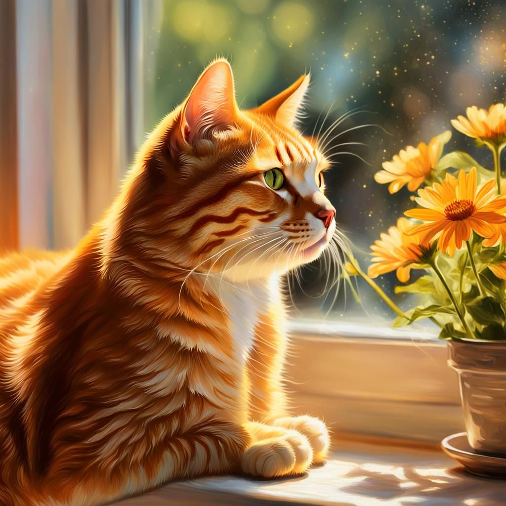 Ginger Cat with Sunlit Flowers as Impressionist Oil Painting