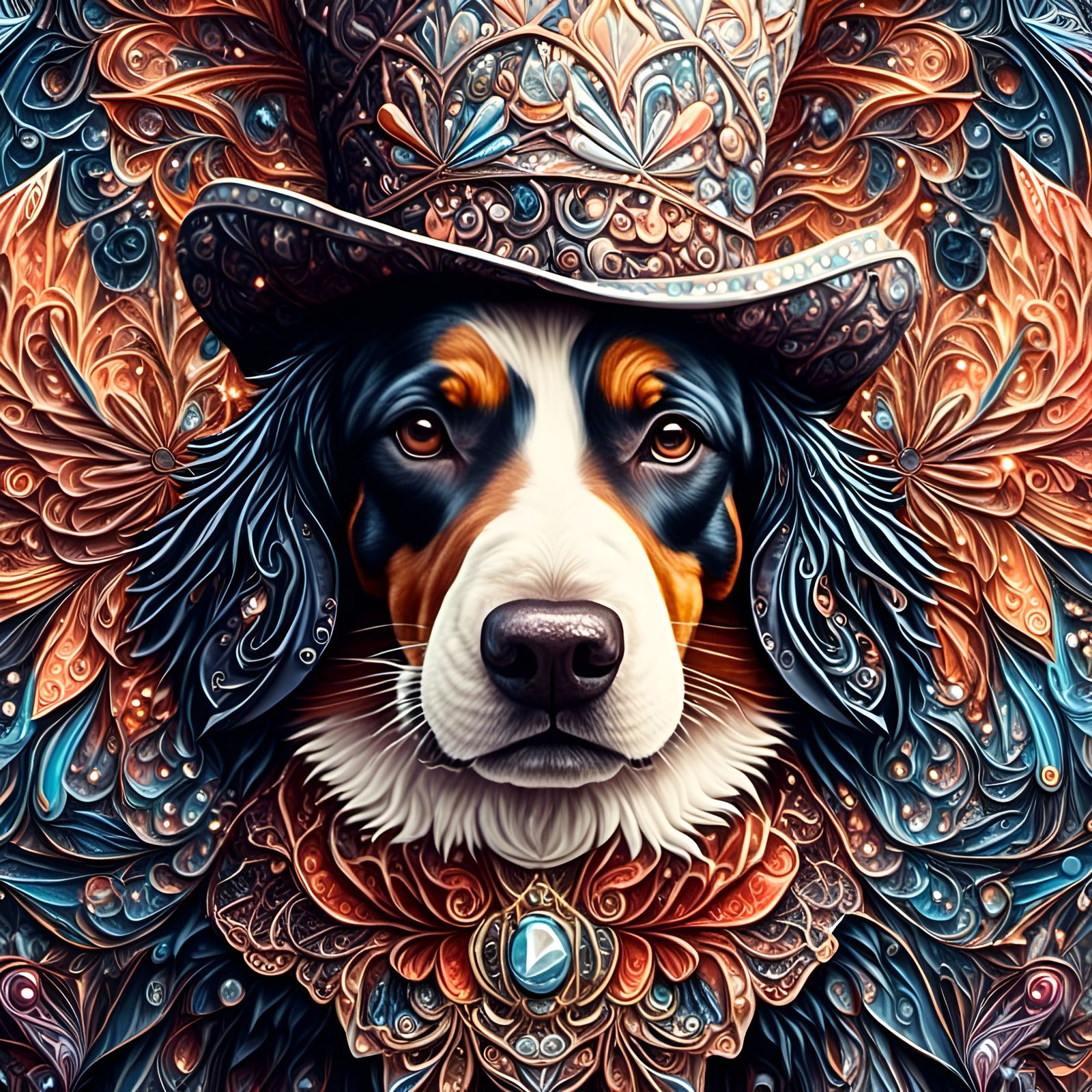 Dog Portrait with Fancy Hat in Moonlit Style