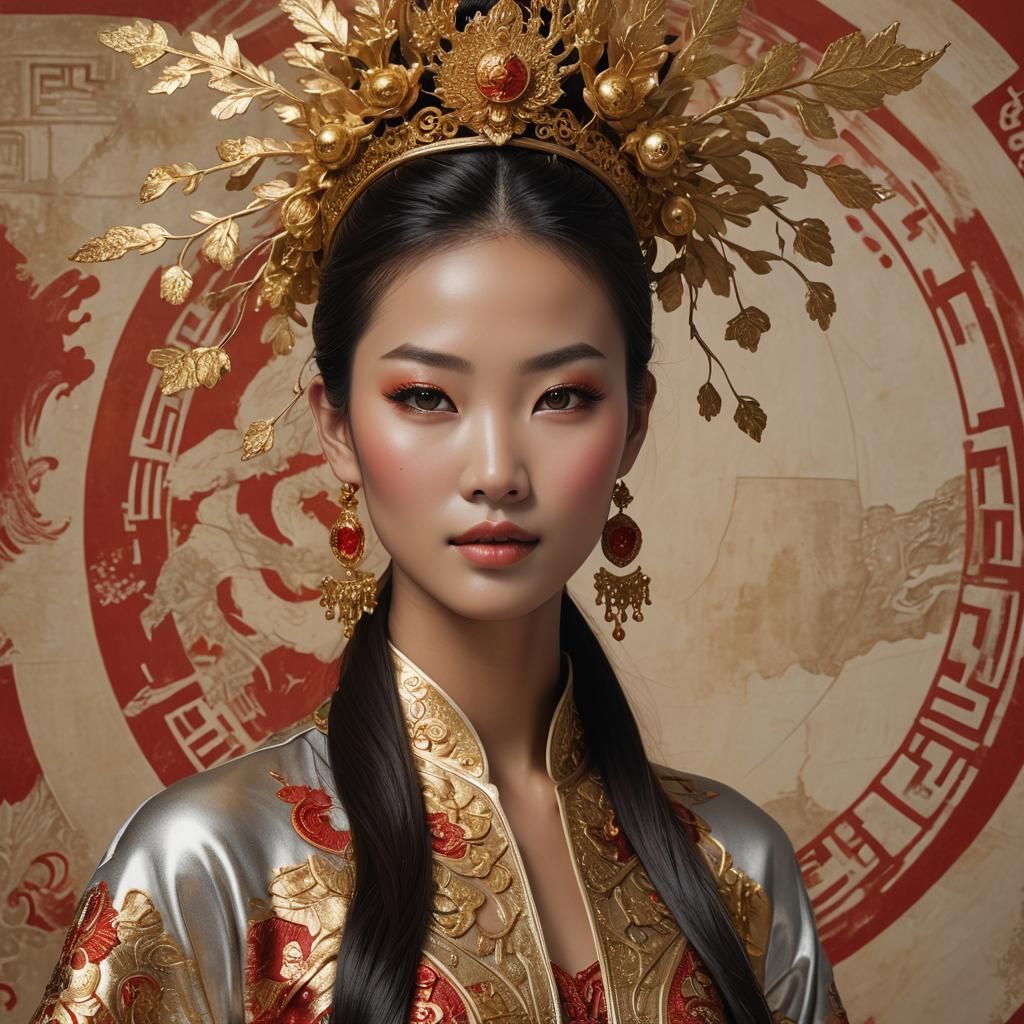Hyper-Realistic Chinese Girl with Gold Skin and Fire Makeup