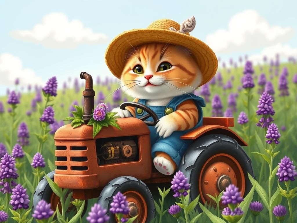 Cat Farmer Harvesting Catnip Field, Whimsical Illustration