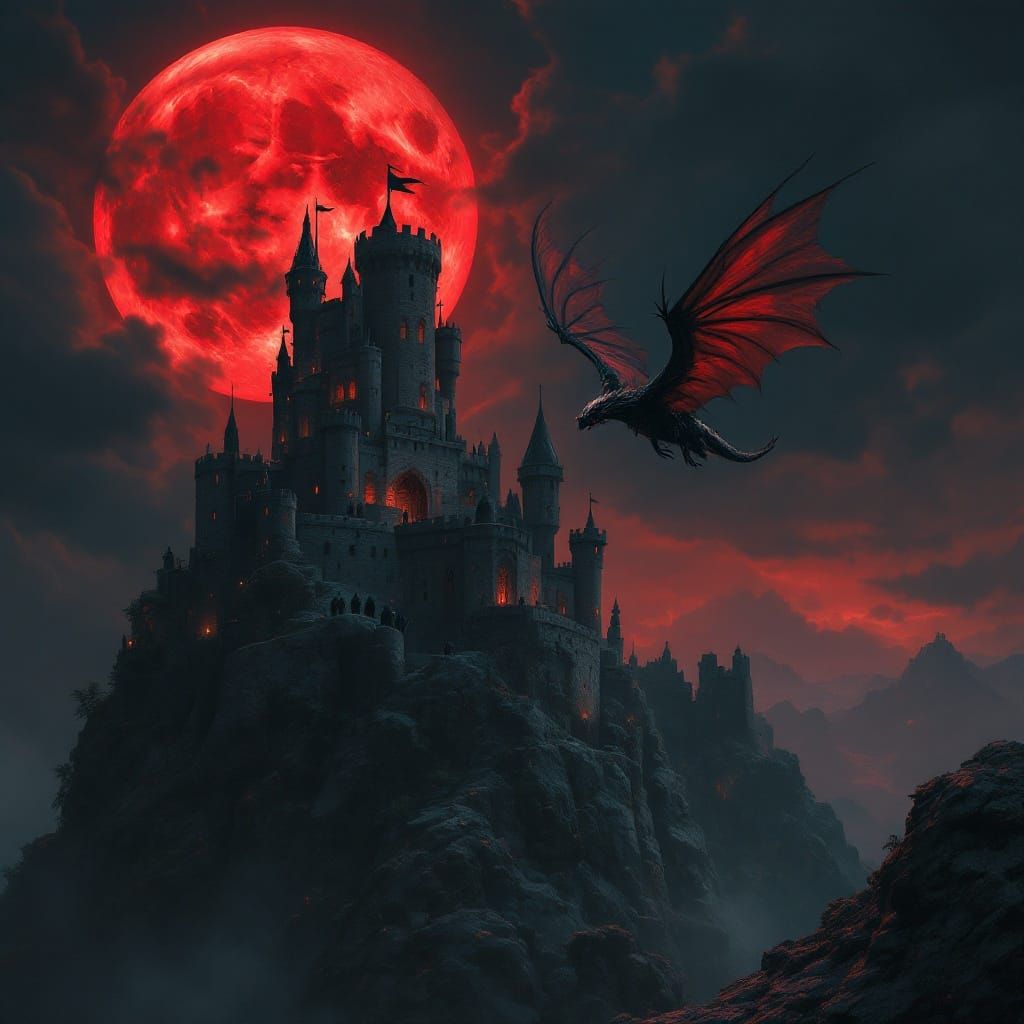 Medieval Castle Under Crimson Blood Moon