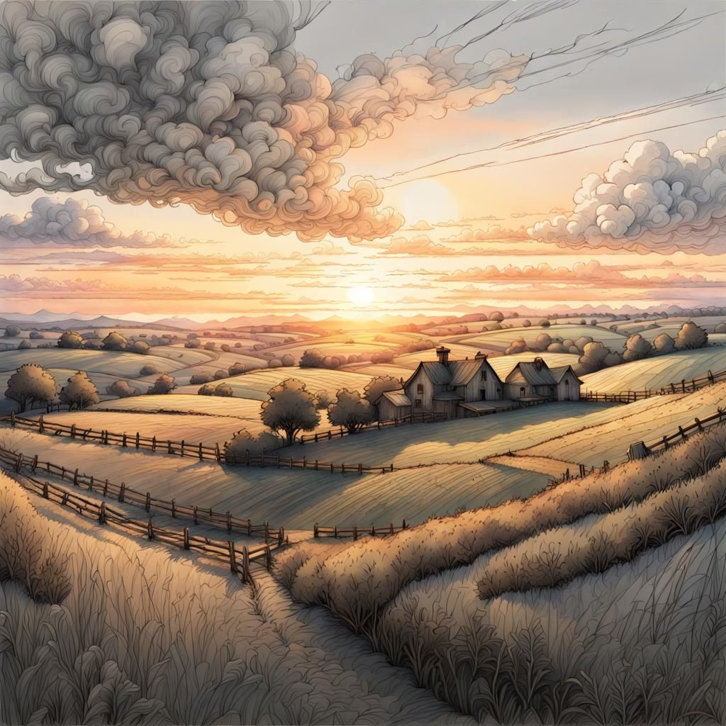 Sunset Over Farmland: Intricate Folk Art Line Drawing