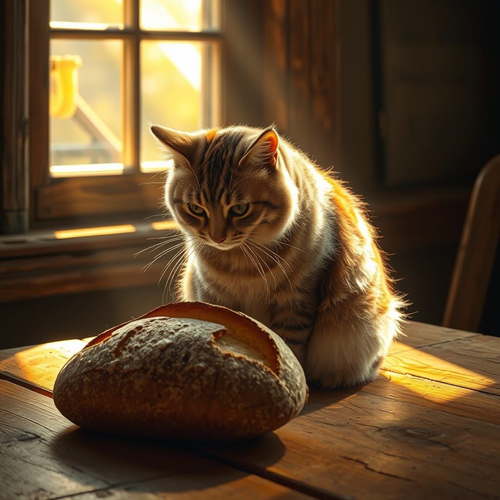 Realistic Cat Surrounded by Warm Light and Fresh Bread