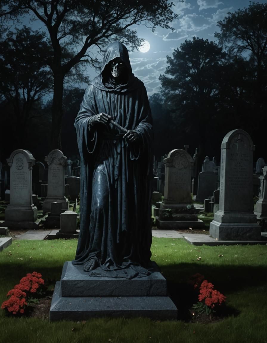Grim Reaper Statue in Spooky Cemetery