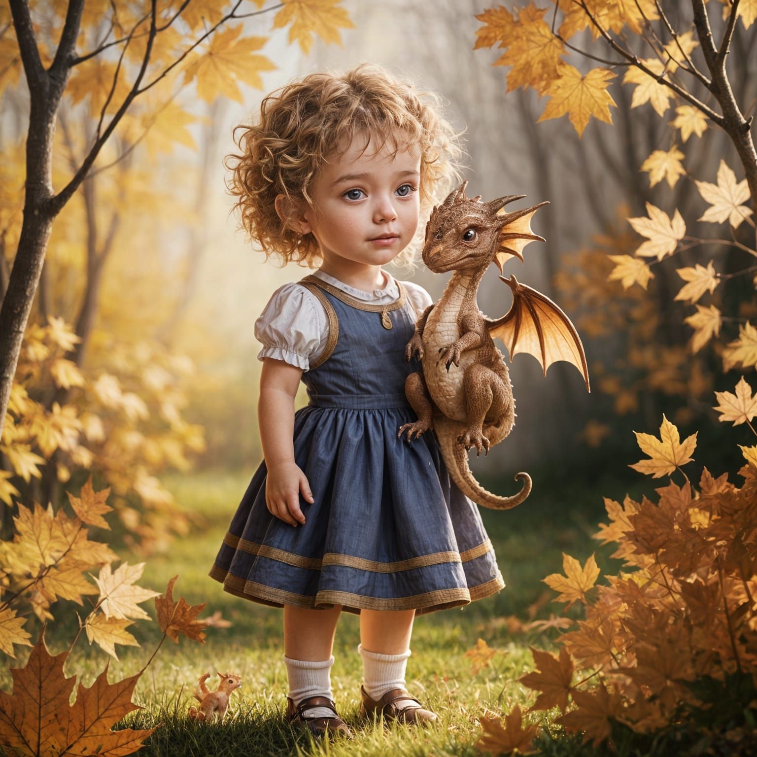 Girl with Dragon in Enchanted Forest, Digital Painting