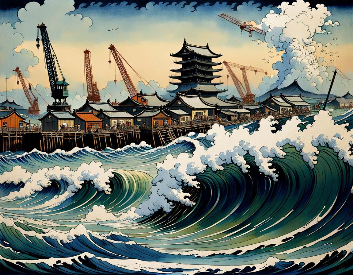 Giant Wave Flooding Harbor in Japanese Print Style
