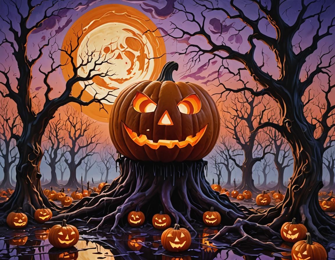 Surreal Jack-o-Lantern in Dreamlike Autumn Landscape