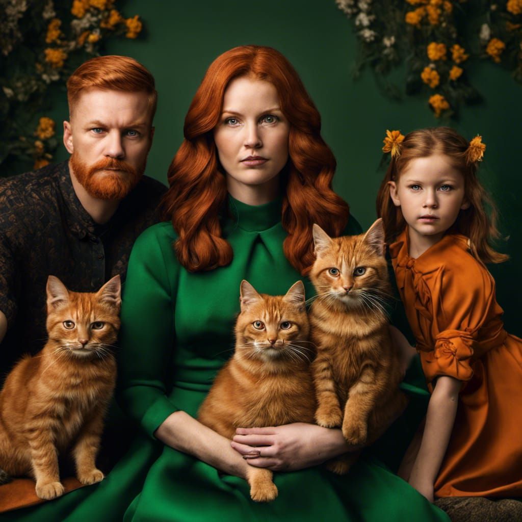 Redhead Family Portrait with Cats in Studio