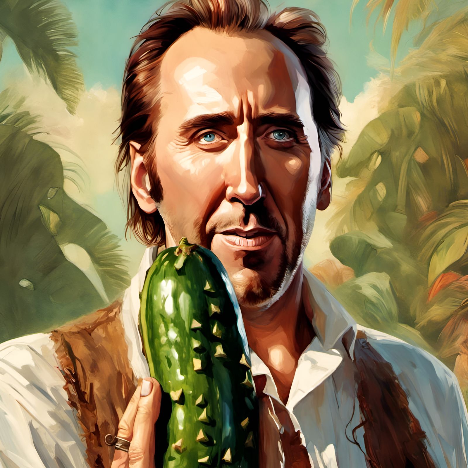 Nicholas Cage Portrait with Pickle, Digital Illustration