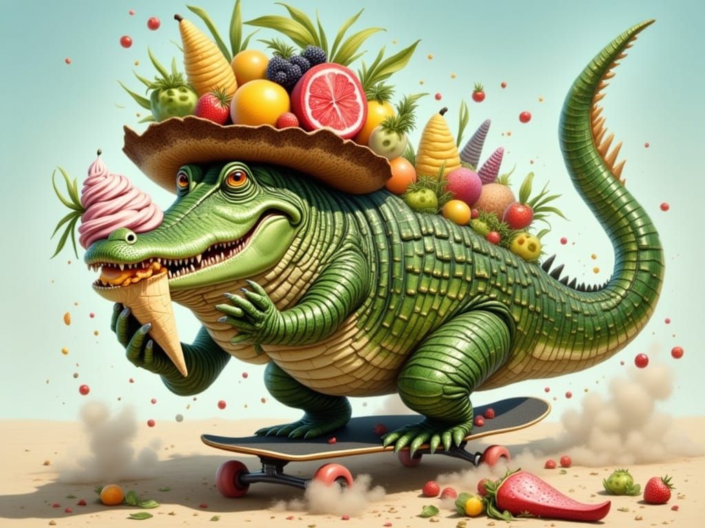 Whimsical Crocodile on Skateboard with Ice Cream
