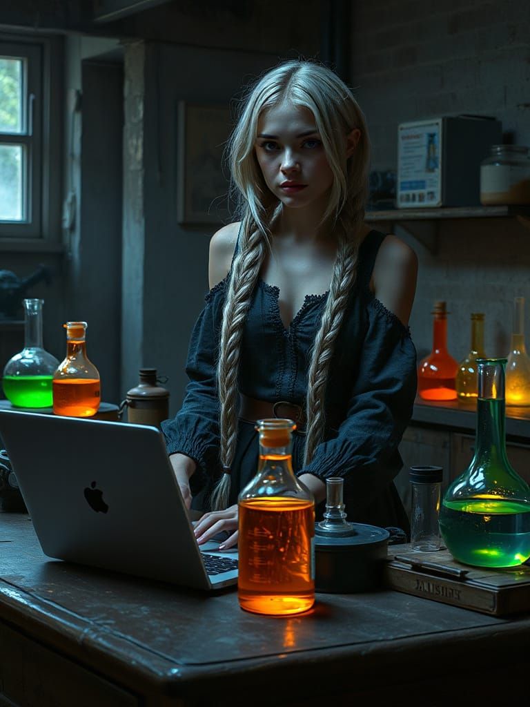 Steampunk Alchemist in Dimly Lit Laboratory