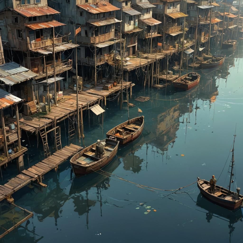 Post-Apocalyptic Fishing Dock in Steampunk Anime Style