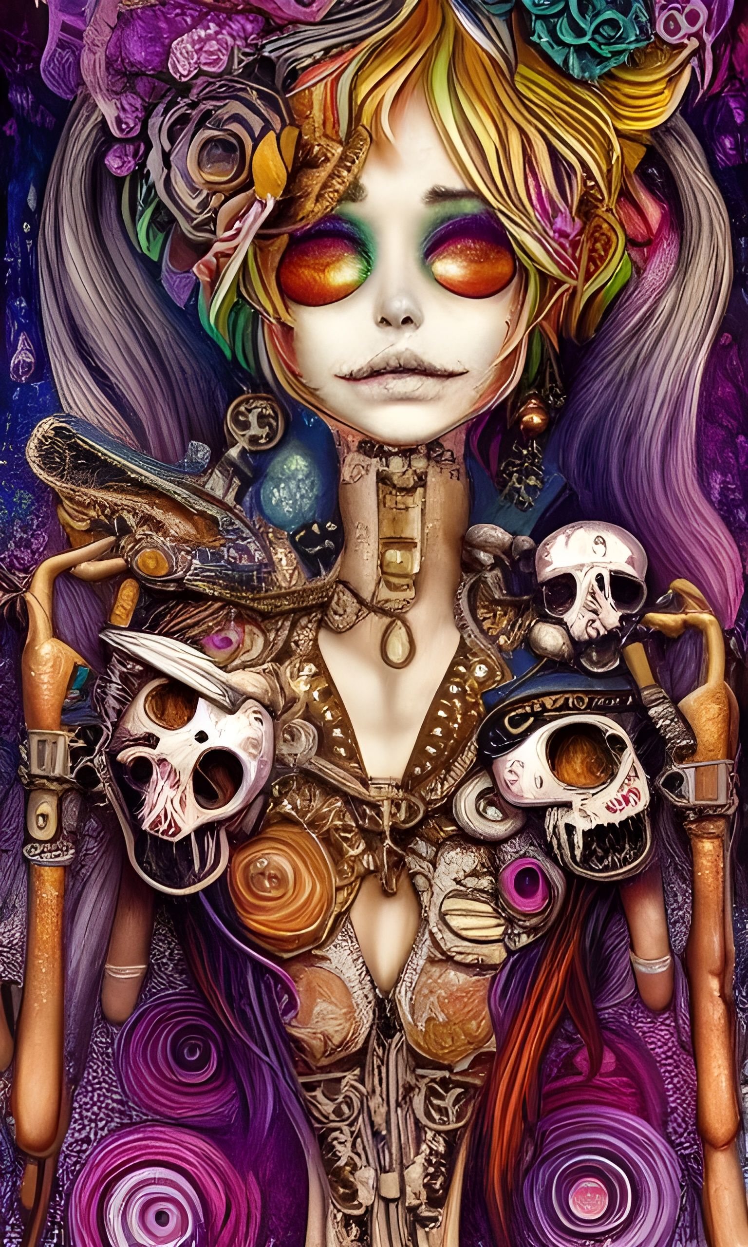 Steampunk Bone Goddess Crying Blood: Detailed Illustration