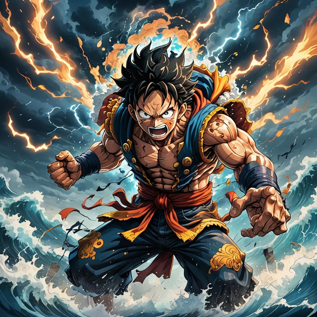 Luffy Gear 4 in Stormy Seas: Vibrant Anime Art