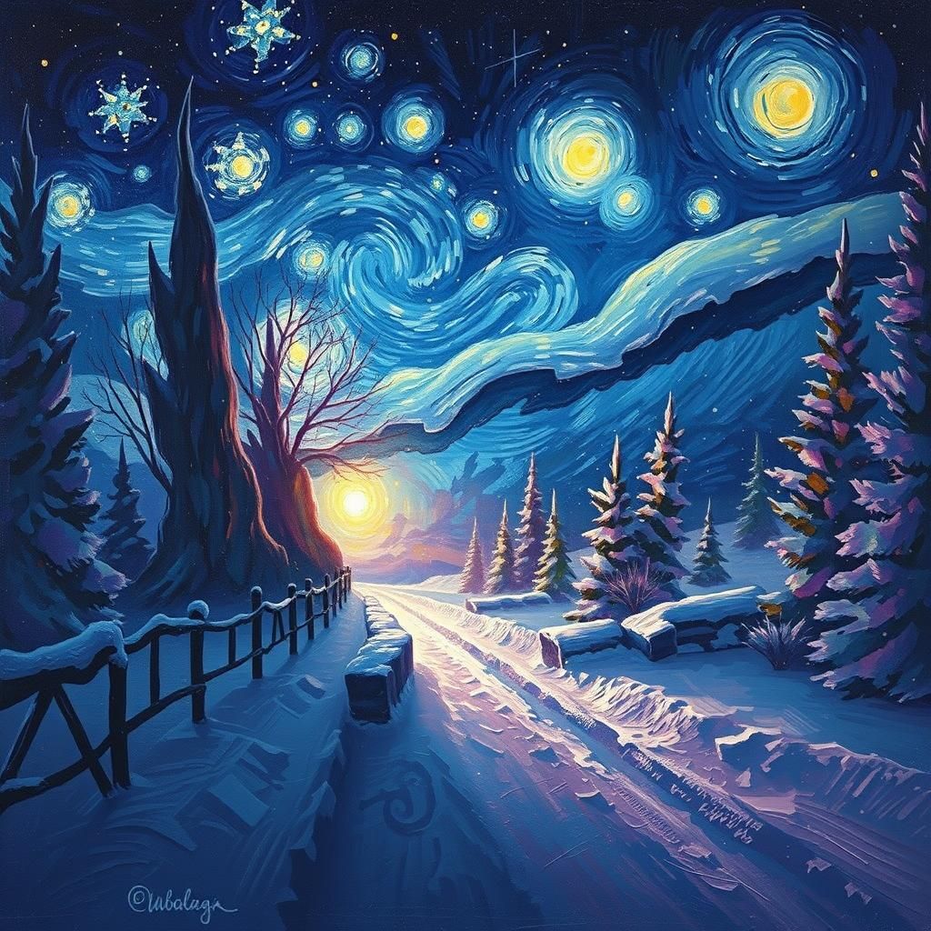 Winter Starry Night: Impressionist Landscape with Swirling S...