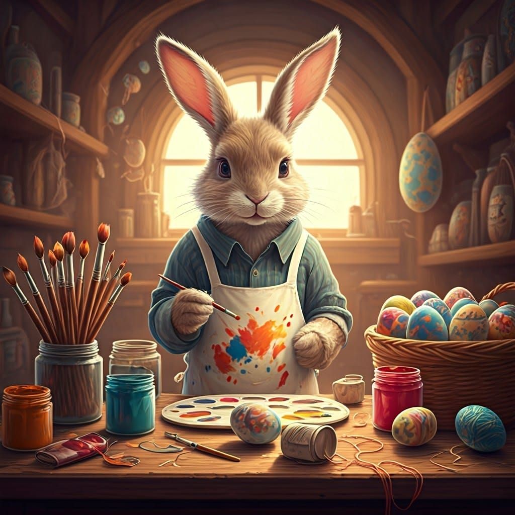 Whimsical Easter Egg Painting Scene in a Cozy Rabbit Worksho...