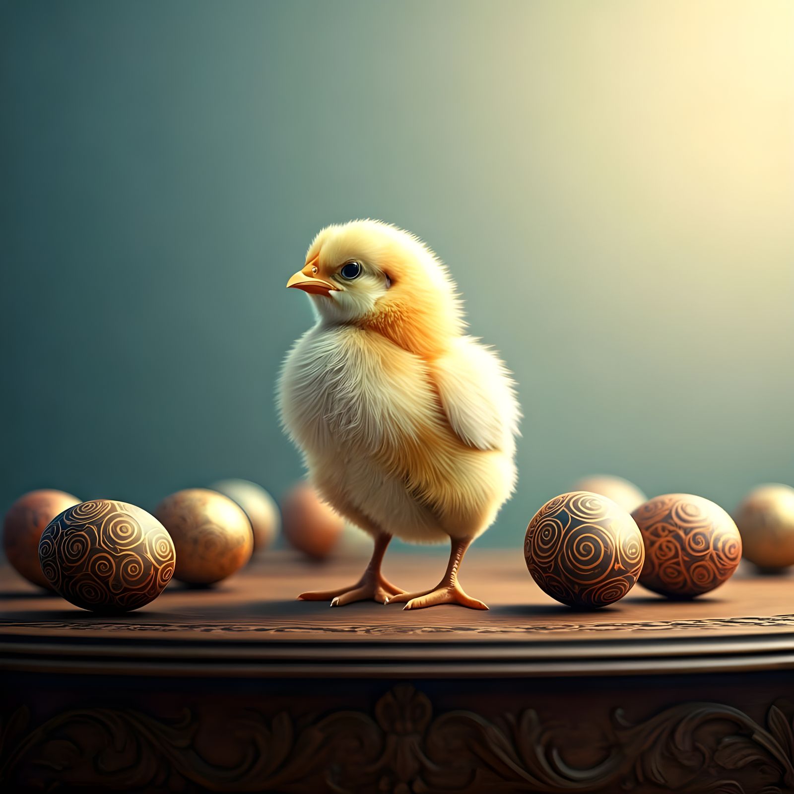Vibrant Yellow Chicken Amidst Ornate Eggs in Warm Golden Lig...