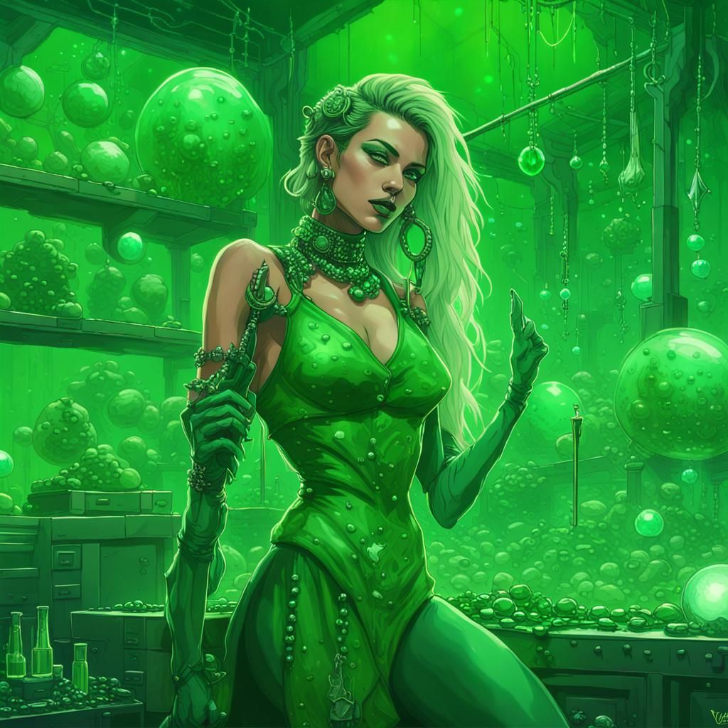 Cyberpunk Warrior Woman Kissing Virus in Green Laboratory