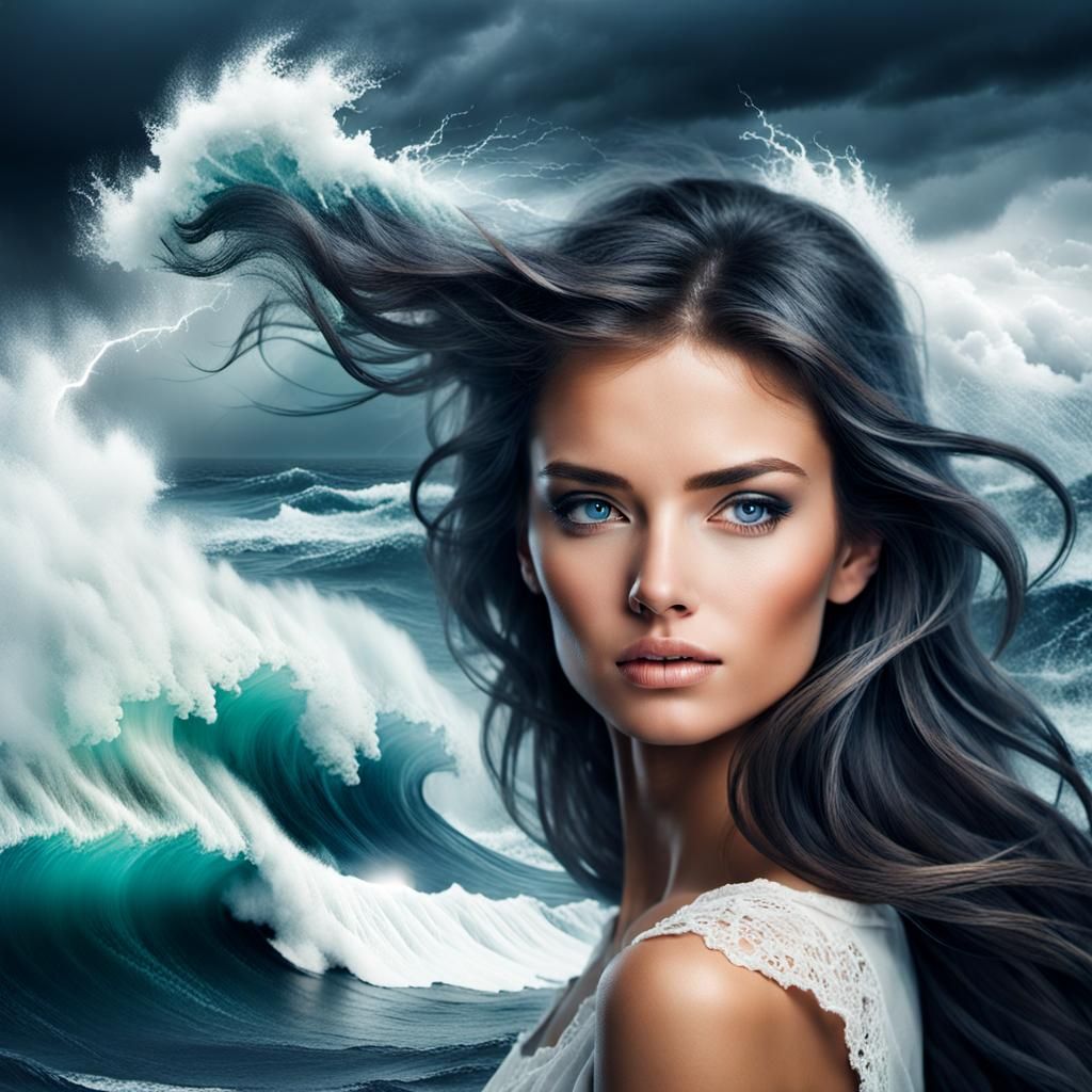 Woman's Face Merging with Sea Storm