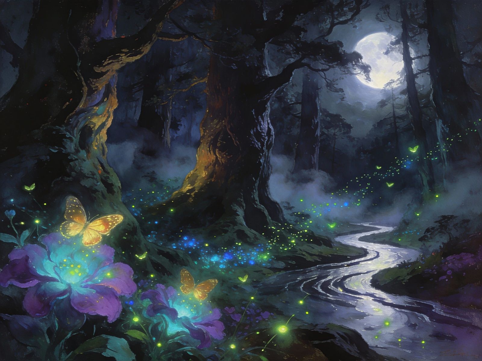 Enchanted Forest at Night Under Full Moon