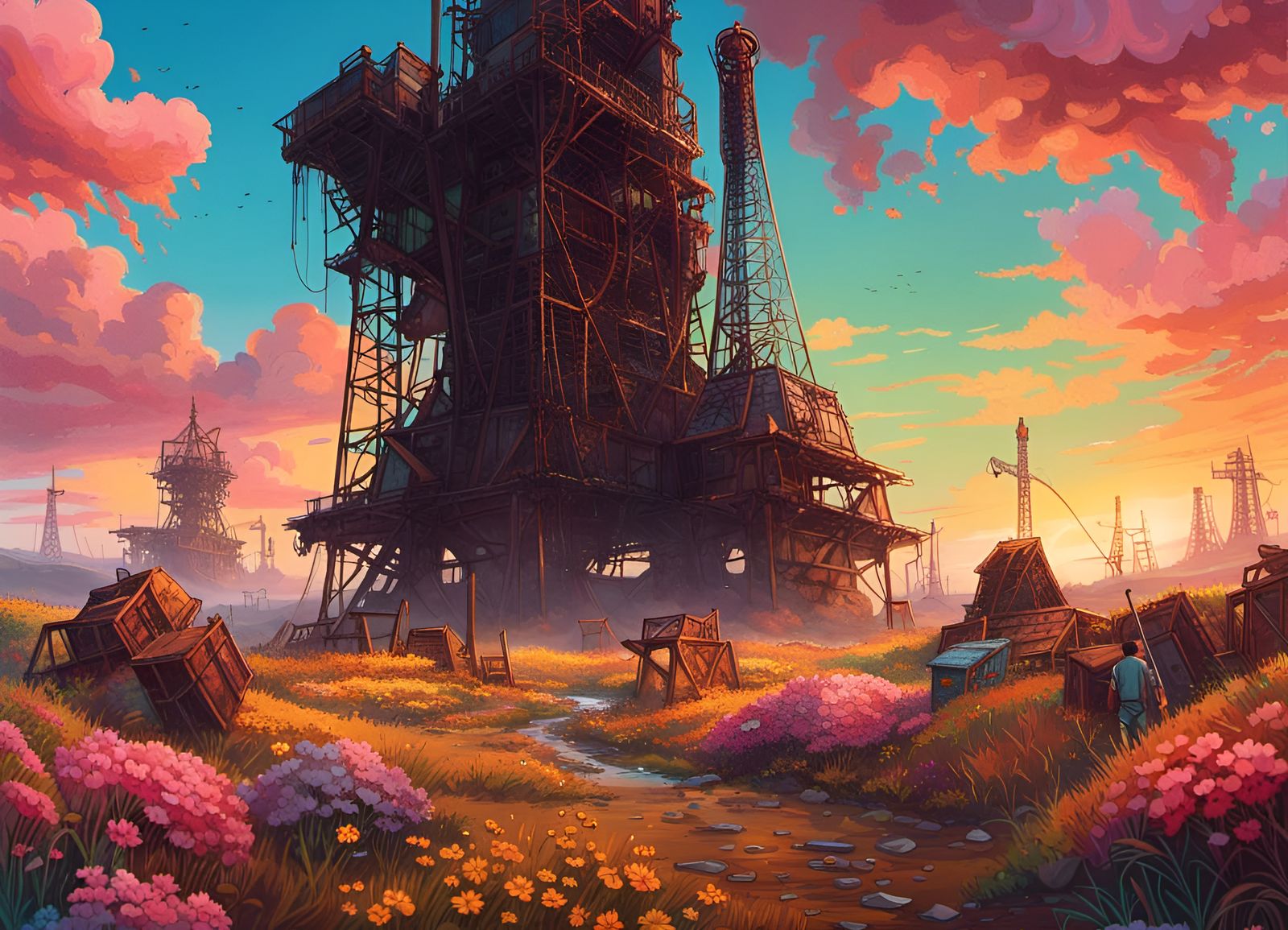 Post-Apocalyptic Wasteland: Flowers and Rust