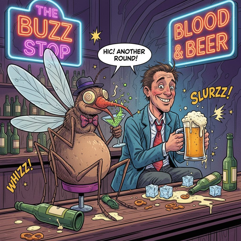 Drunk Mosquito and Man at Bar - Whimsical Comic Style