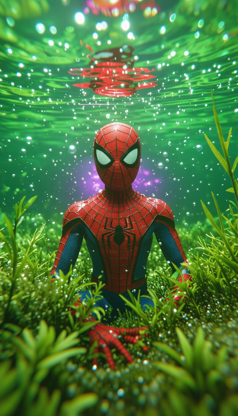 Spider-Man Toy Submerged in Green Lake