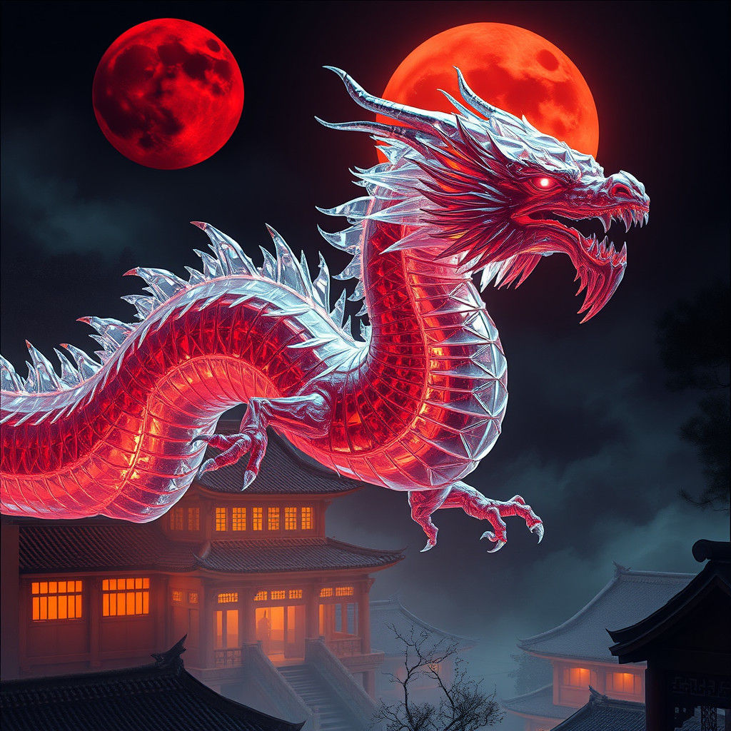 Crystal Dragon Soaring Over Chinese Village in Cyberpunk Sty...