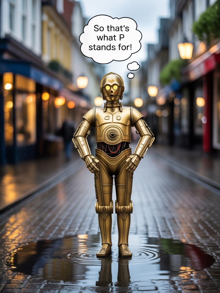 C-3PO's Puddle Revelation in Rainy European Town