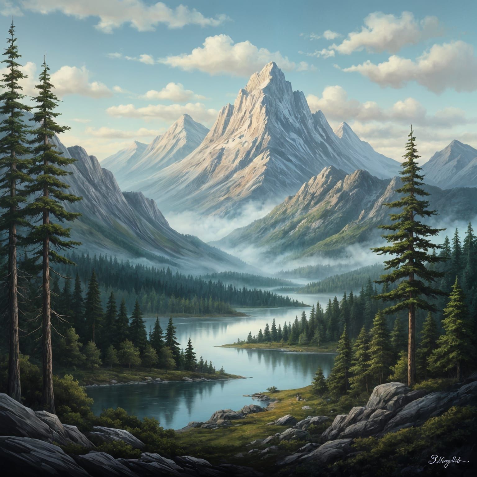 Serene Landscape Painting in Bob Ross Style
