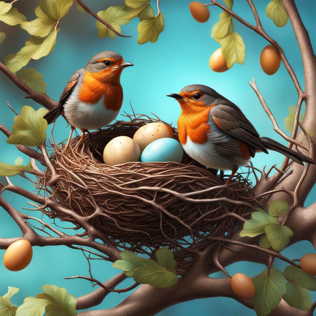 Hyperrealistic Robin's Nest with Eggs on Branch
