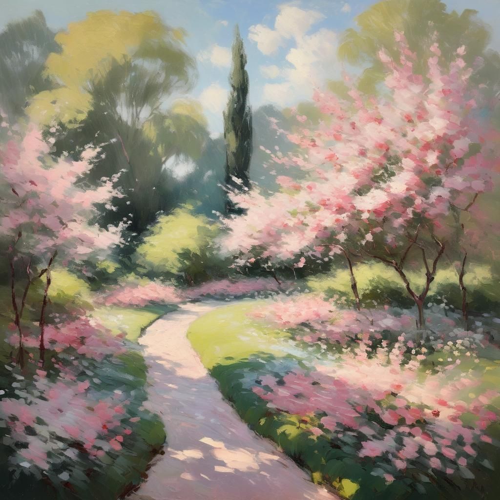 Pink Garden Landscape in Impressionist Style