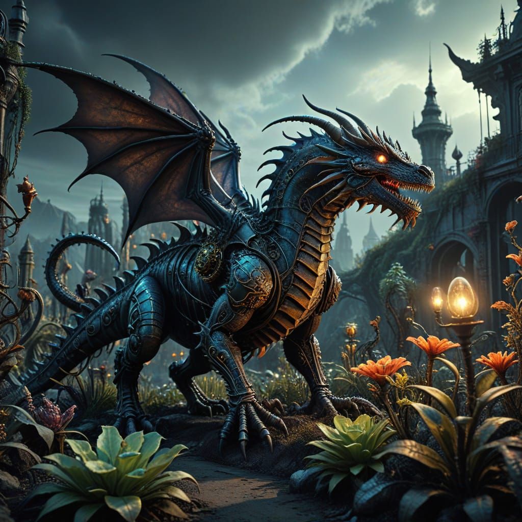 Clockwork Dragon Garden on Alien Planet in Steampunk Style