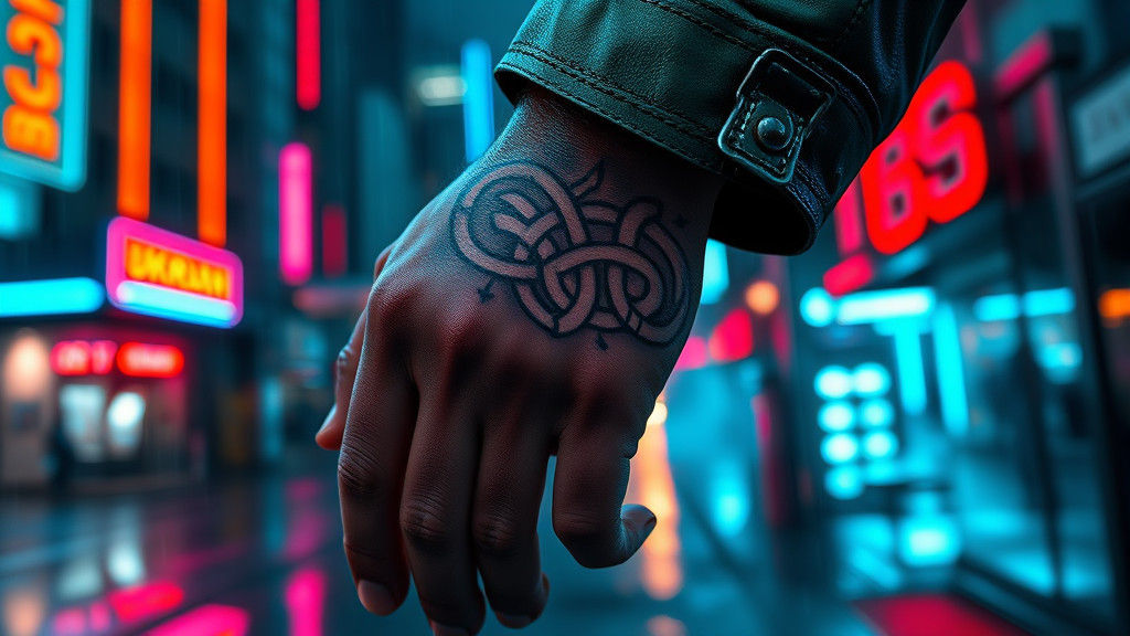 Cyberpunk Soldier Hand Tattoo in Rainy Cityscape