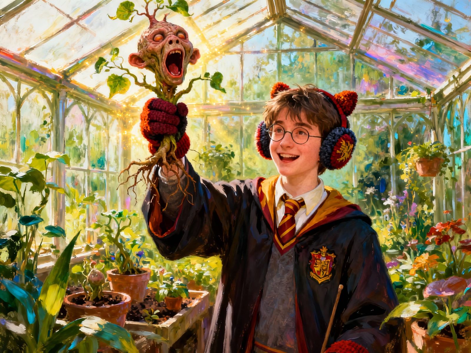 Harry Potter with Mandrake in Greenhouse, Oil Painting Style